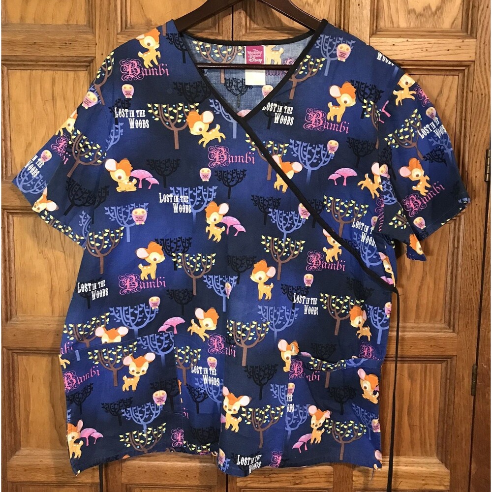 Disney Bambi Lost in the Woods Scrubs Womens L Multicolor Back Tie Wrap 2 Pocket